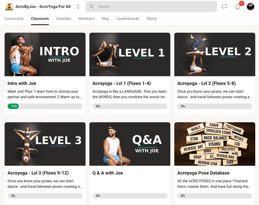 The AcroByJoe online classroom on Skool — Intro with Joe, Levels 1 to 3, Q&A, and a full Pose Database.